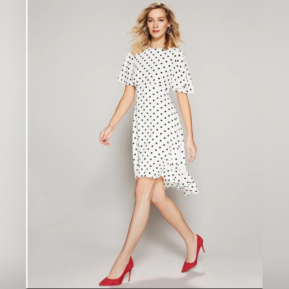 Eliza JPolka Dot Crew Neck Short Flutter Sleeve High-Low Dress Size 14